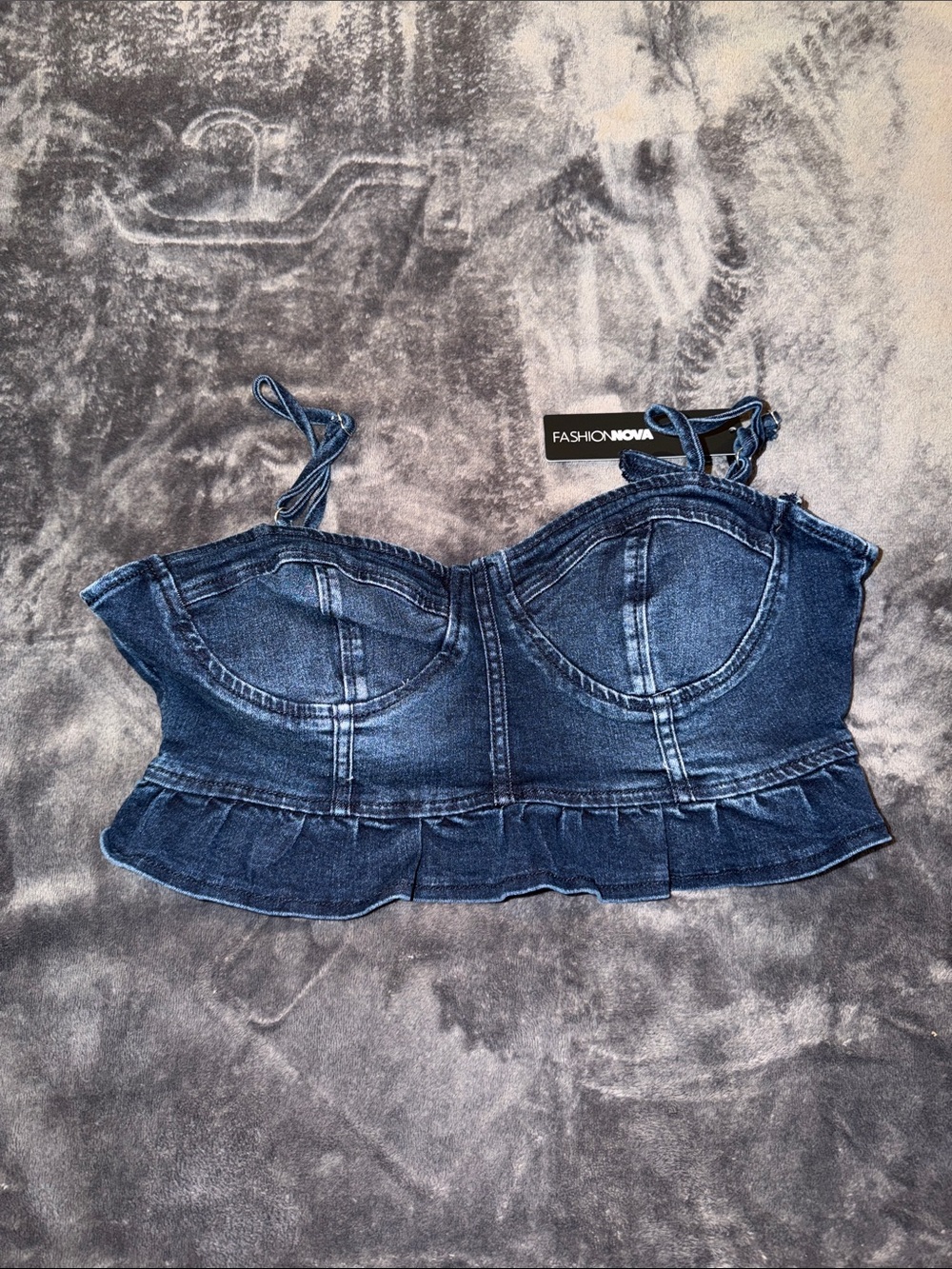 Fashion Nova Dark Blue Denim Bustier Crop Top with Ruffle Hem